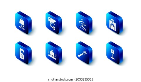 Set Security camera, Hanger wardrobe, Lift, Parking, Fork, Hotel service bell, Please do not disturb and Table lamp icon. Vector