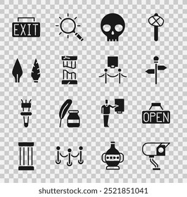 Set Security camera, Hanging sign with Open, Road traffic signpost, Human skull, Broken ancient column, Stone age arrow head, Exit and Picture and rope barrier icon. Vector