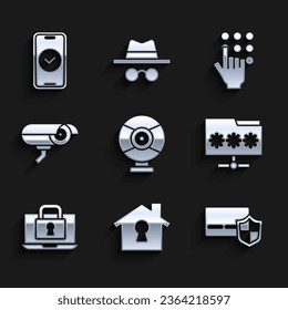 Set Security camera, House under protection, Credit card with shield, Folder password, Laptop and lock, Password and Smartphone icon. Vector