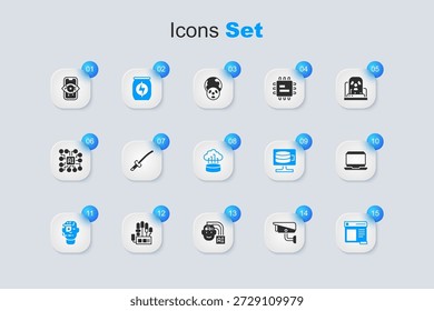 Set Security camera, Katana, Energy drink, Smart glasses on spectacles, Browser window, Laptop, Computer vision and Network cloud connection icon. Vector