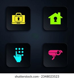 Set Security camera, Laptop and lock, Password protection and House under. Black square button. Vector