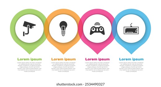Set Security camera, Light bulb with concept of idea, Wireless gamepad and Keyboard. Business infographic template. Vector
