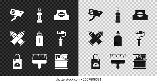 Set Security camera, Marker pen, Spray can nozzle cap, Paint brush, bucket, spray and Paint, gouache, jar, dye icon. Vector