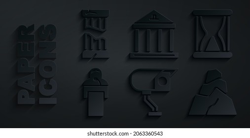 Set Security camera, Old hourglass with sand, Gives lecture, Rock stones, Museum building and Broken ancient column icon. Vector