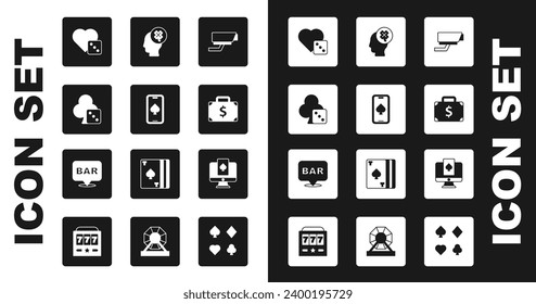 Set Security camera, Online poker table game, Game dice, Briefcase and money, Casino slot machine with clover,  and Alcohol bar location icon. Vector