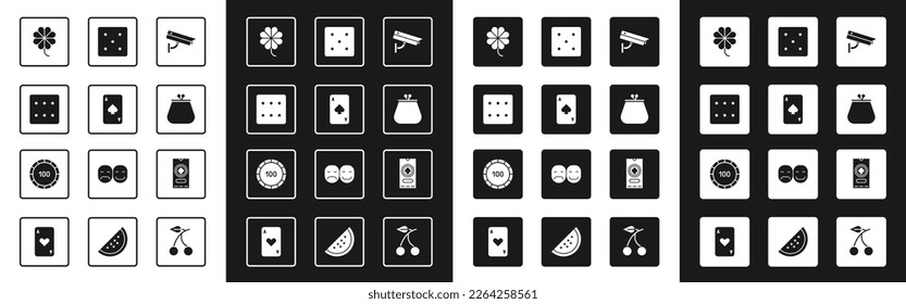 Set Security camera, Playing card with spades, Game dice, Casino slot machine clover, Wallet, poker tournament invitation and chips icon. Vector