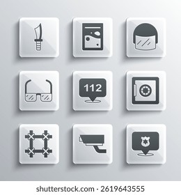 Set Security camera, Police badge, Safe, Telephone call 112, Prison window, Safety goggle glasses, Military knife and helmet icon. Vector