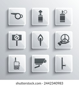 Set Security camera, Police rubber baton, Peace, Torch flame, Walkie talkie, Protest, Whistle and Hand grenade icon. Vector
