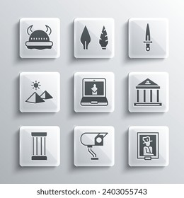 Set Security camera, Portrait in museum, Museum building, Online, Ancient column, Egypt pyramids, Viking horned helmet and Dagger icon. Vector