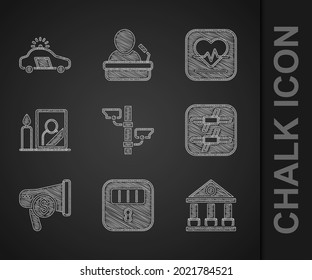 Set Security camera, Prison cell door, Courthouse building, Barbed wire, Megaphone and dollar, Mourning photo frame, Heart rate and Police car flasher icon. Vector