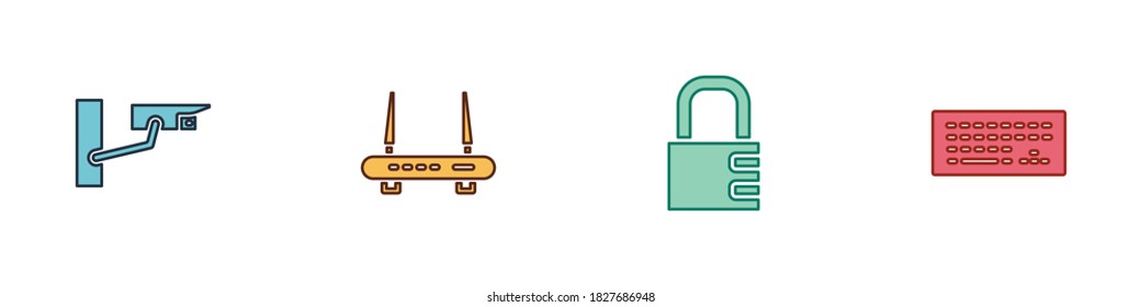 Set Security camera, Router and wi-fi signal, Safe combination lock and Keyboard icon. Vector.