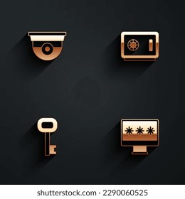 Set Security camera, Safe, Old key and Monitor with password icon with long shadow. Vector
