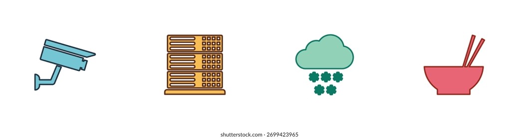 Definir Câmera de segurança, Servidor, Dados, Hospedagem Web, Nuvem com neve e Bowl chopsticks ícone. Vetor