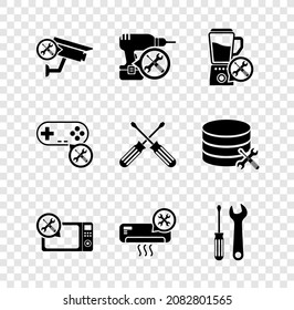 Set Security Camera service, Drill machine, Blender, Microwave oven oven, Aire Acondicionado, Destornillador y llave, Gamepad y destornilladores cruzados icono. Vector