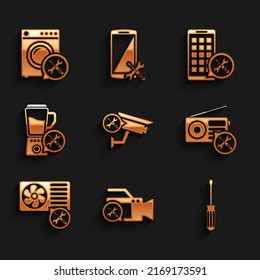 Set Security camera service, Video, Screwdriver, Radio, Air conditioner, Blender, Mobile Apps and Washer icon. Vector