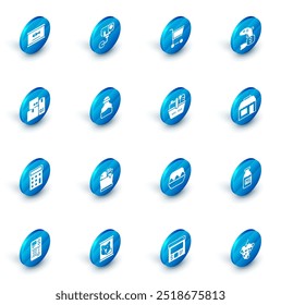 Set Security camera, Shopping cart, Price tag for fish, Cash register machine, Calculator, Spice can, Market store and basket and food icon. Vector