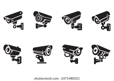 Conjunto de Ilustraciones vectoriales de silueta de cámara de seguridad para sistemas de vigilancia y monitorado, con diversos Diseños de cámara para soluciones de seguridad domésticas y comerciales, formato EPS de alta calidad 