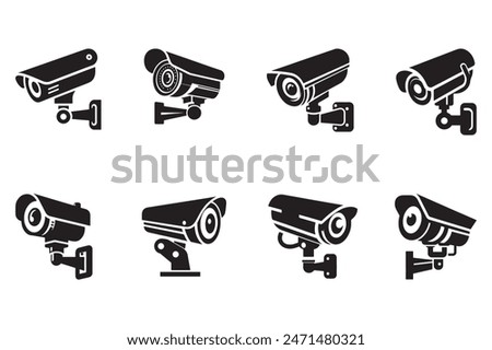 Set of Security Camera Silhouette Vector Illustrations for Surveillance and Monitoring Systems, Featuring Diverse Camera Designs for Home and Commercial Security Solutions, High-Quality EPS Format 