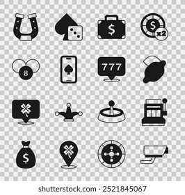 Set Security camera, Slot machine, Casino slot with lemon, Briefcase and money, Online poker table game, Lottery ball bingo card, Horseshoe and jackpot icon. Vector