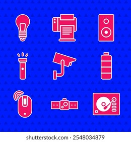 Set Security camera, Smartwatch, Vinyl player, Battery charge level indicator, Wireless computer mouse, Flashlight, Stereo speaker and Light bulb with concept of idea icon. Vector