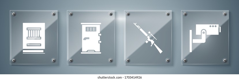 Colocar cámara de seguridad, rifle de francotirador con alcance, puerta de celda de prisión y libro de leyes. Paneles de vidrio cuadrado. Vector