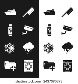 Set Security camera, USB flash drive and shield, Ship, Meat chopper, Sun snowflake and Storm icon. Vector