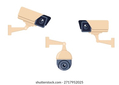 A set of security cameras including a dome camera and two bullet cameras, designed for surveillance and monitoring purposes.