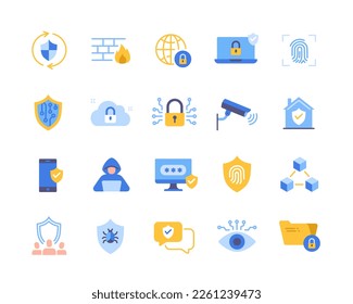 Conjunto de iconos de colores de seguridad. Coloridas etiquetas con blindaje, dispositivos con contraseña, antivirus y protección contra ataques cibernéticos. Diseñar elementos para la aplicación. Colección vectorial plana de dibujos animados aislada en blanco