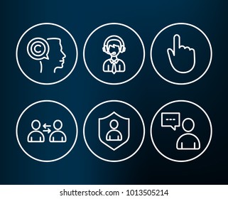 Set of Security, Communication and Writer icons. Shipping support, Hand click and Users chat signs. Private protection, Users talking, Copyrighter. Vector