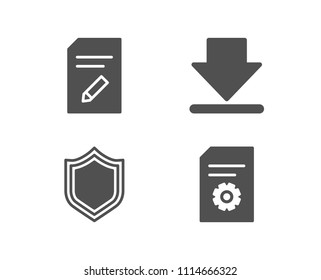 Set of Security, Downloading and Edit document icons. File settings sign. Protection shield, Load information, Page with pencil. File management.  Quality design elements. Classic style. Vector