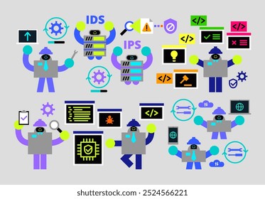 Set of Security Engineer Humanoids Flat Geometric Character Design