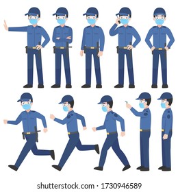 Set of security guard in uniform with New normal life wearing a surgical protective Medical mask and goggles for prevent coronavirus. character pose front side turn around cartoon, Health care.