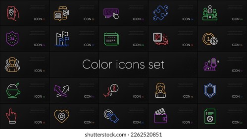 Set of Security, Ice cream and Calendar line icons. Include Debit card, Intersection arrows, Business podium icons. Puzzle, Touchscreen gesture, 24 hours web elements. Group, Heart, Click hand. Vector