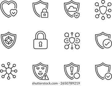 Set of Security Icons Depicting Data Protection and Cybersecurity, including Heart, Shield, Lock, Cloud, Target, and Networking Symbols