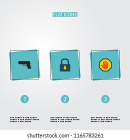 Set of security icons flat style symbols with palm, lock, weapon and other icons for your web mobile app logo design.