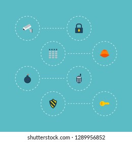 Set of security icons flat style symbols with phone, helmet, supervision and other icons for your web mobile app logo design.