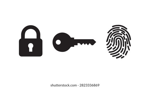 Set of security icons including lock, key, and fingerprint representing digital security, privacy, and authentication concepts.
