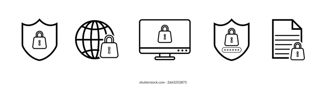 Un conjunto de iconos de seguridad en estilo de arte lineal que incluyen un escudo, globo terráqueo, monitor, Contraseña y documento, todos con un símbolo de candado, que representa medidas de protección de datos y ciberseguridad.