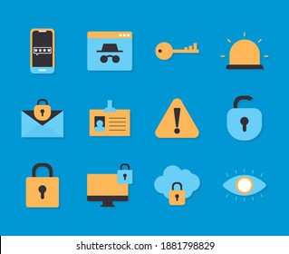 set of security icons on a blue background vector illustration design