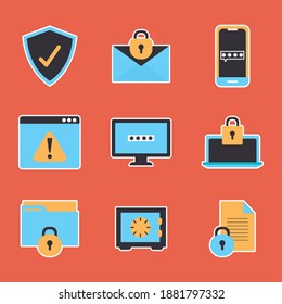 set of security icons on a red background vector illustration design