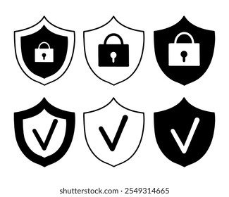 Conjunto de iconos de seguridad. Logotipo del escudo de seguridad, protección de datos. Símbolo de seguridad con una marca de verificación. Ilustración vectorial