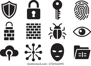 Set of security icons in silhouette style, isolated on a white background, perfect for cybersecurity, safety, protection, lock, and surveillance-themed design projects.