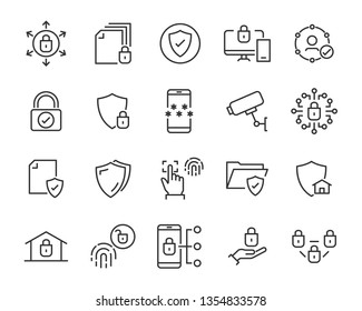 set of security icons, such as guard, cyber lock, unlock, shield, key