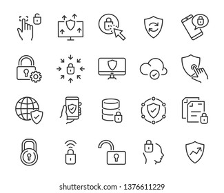 set of security icons, such as guard, cyber lock, unlock, shield, key