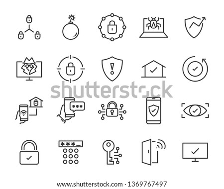 set of security icons, such as guard, cyber lock, unlock, shield, key