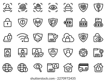 set of security icons vector. 35 security and protection line icons, fingerprint scanner, shield, password, padlock icon