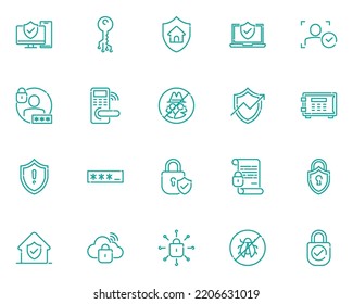 set of security line icons, cyber security, protect
