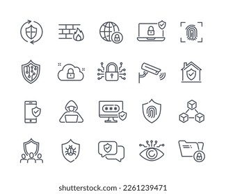 Set of security line icons. Data protection system, biometrics, video surveillance, authorization and cyber lock. Design elements for site. Cartoon flat vector collection isolated on white background