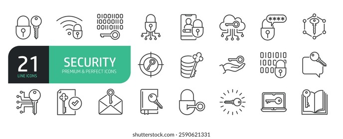 Set Of Security Line Icons. The set includes a Padlock, Computer Network, Keys, Cybersecurity, Remote Work, Thief, and more.