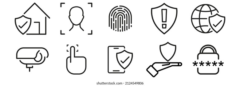 Conjunto de iconos de la línea de seguridad como seguridad, ciberbloqueo, desbloqueo, blindaje, reconocimiento facial, huella dactilar, cámara de vigilancia.